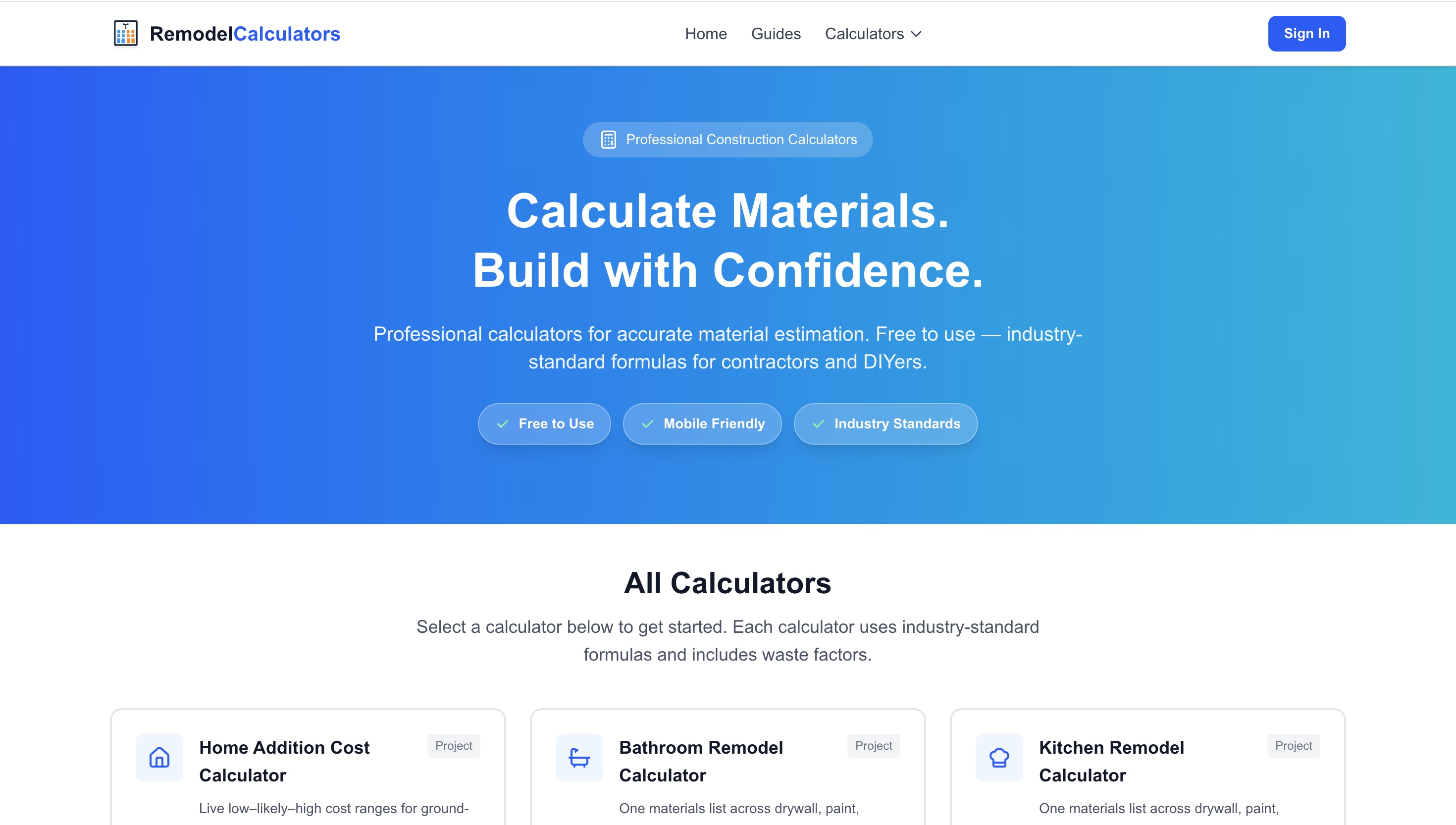 RemodelCalculators Website Screenshot